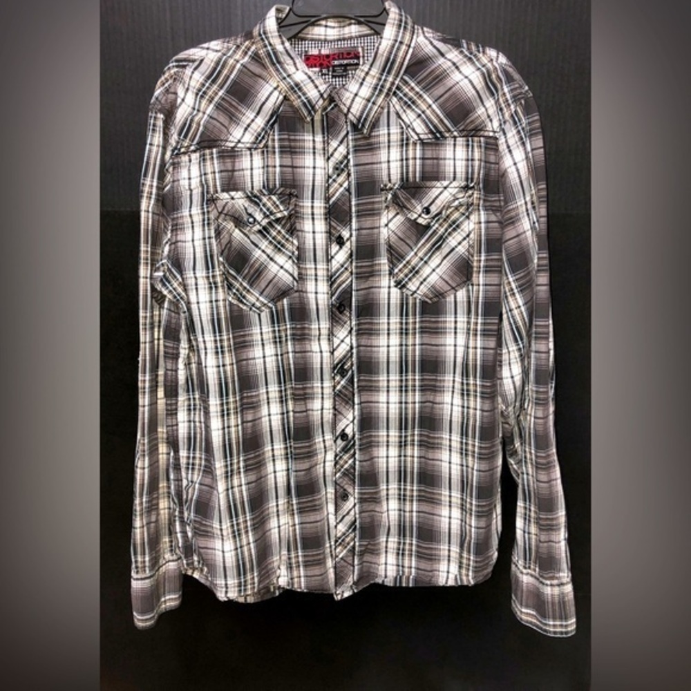 💫Distortion Black Brown Plaid Roll Tab Long Sleeve Shirt